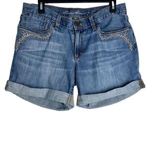 Eddie Bauer Womens Embroidered Boyfriend Denim Shorts Size 8 Boho Rolled Hem